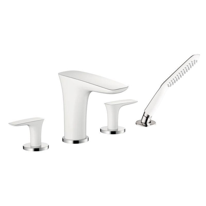 hansgrohe 15446401 Pura Vida Roman Tub Filler Faucet with Diverter Metal Lever Handles and 2.0 GPM Single Function Hand Shower Less Valve in Chrome/White
