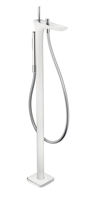 hansgrohe 15473401 Pura Vida Tub Filler Faucet Free Standing with 2.5 GPM Multi Function Hand Shower in Chrome/White