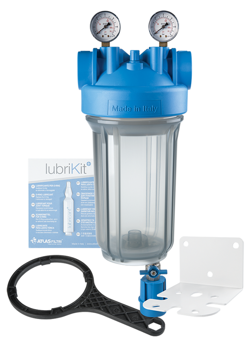 Atlas Filtri ZA1700745 Kit - DP BIG Mono - Single 4.5"x10" - Clear Sump - 1" NPT - 2 Gauges & 1 Drain Kit - L-shaped White Bracket & Wrench