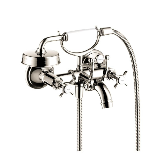 AXOR 16540831 Montreux Roman Tub Filler Faucet Wall Mounted with Diverter Metal Cross Handles and 2.5 GPM Single Function Hand Shower Less Valve in Polished Nickel
