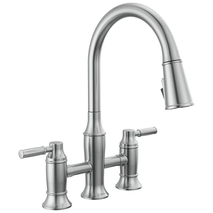 Delta Renaldi 2384L Two Handle Pull-Down Bridge Kitchen Faucet - Lumicoat Arctic Stainless