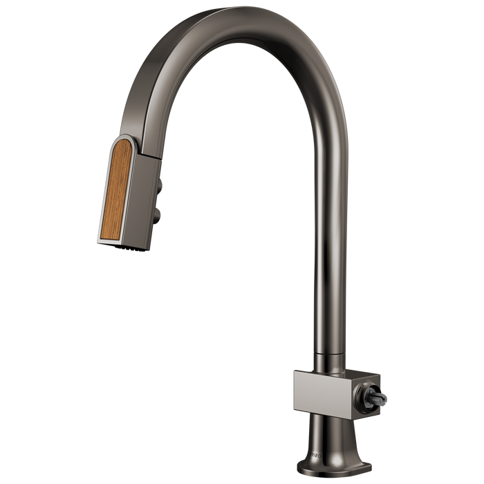 Brizo Frank Lloyd Wright 63022LF Pull-Down Kitchen Faucet with Arc Spout and Wood Wand - Less Handle - Brilliance Black Onyx / Wood
