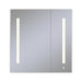 AiO 29-1/4" x 30" x 4" two door lighted cabinet with large door at left with LUM LED lighting at 2700 kelvin temperature (warm light), dimmable, built-in OM Audio, interior lighting, electrical outlet, USB charging ports and magnetic storage strip