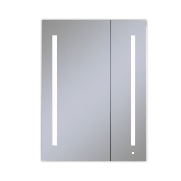AiO 29-1/4" x 40" x 4" two door lighted cabinet with large door at left with LUM LED lighting at 4000 kelvin temperature (cool light), dimmable, built-in OM Audio, interior lighting, electrical outlet, USB charging ports and magnetic storage strip