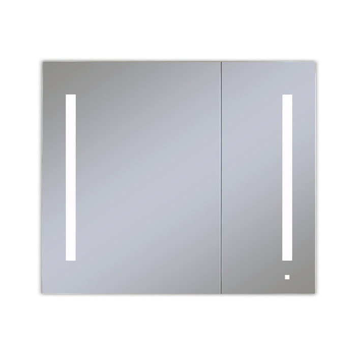 AiO 35-1/4" x 30" x 4" two door lighted cabinet with large door at left with LUM LED lighting at 4000 kelvin temperature (cool light), dimmable, interior lighting, electrical outlet, USB charging ports and magnetic storage strip