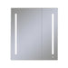 AiO 35-1/4" x 40" x 4" two door lighted cabinet with large door at left with LUM LED lighting at 4000 kelvin temperature (cool light), dimmable, interior lighting, electrical outlet, USB charging ports and magnetic storage strip