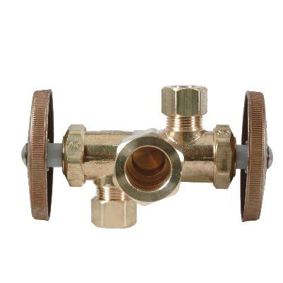 BrassCraft Manufacturing Company CR1901DVX R R Multi-Turn Dual Shut-Off Stop, 1/2 x 3/8 x 3/8 in Nominal, Compression Connection, Brass Body
