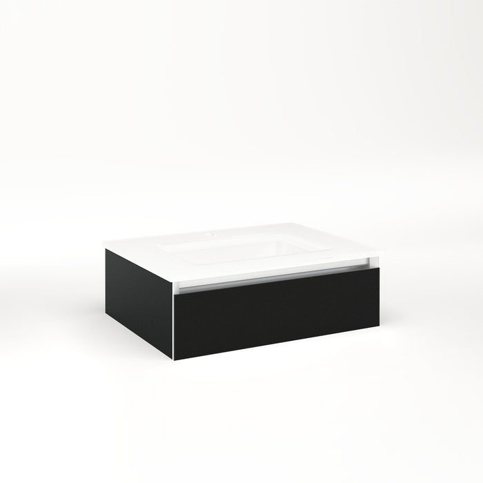 Cartesian 24-1/8" x 7-1/2" x 18-3/4" slim drawer vanity in matte black with slow-close plumbing drawer and selectable night light in 2700K/4000K temperature (warm/cool light)