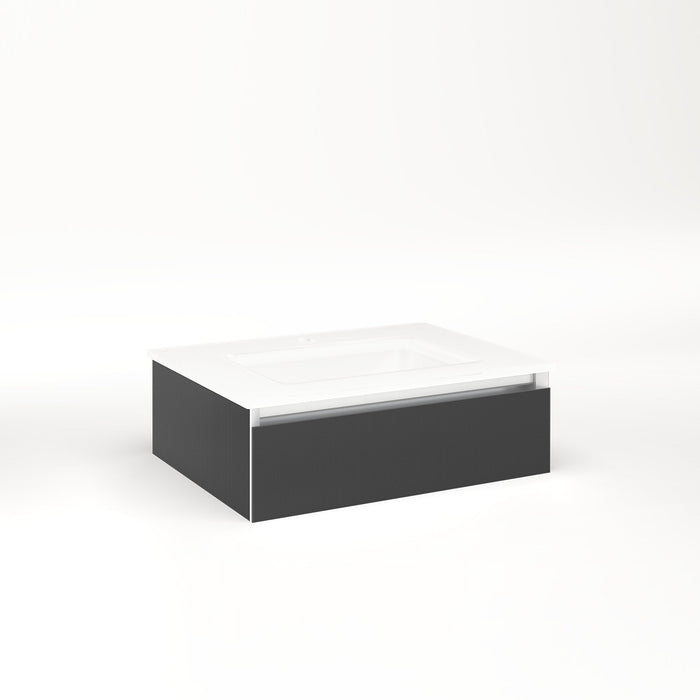 Cartesian 24-1/8" x 7-1/2" x 18-3/4" slim drawer vanity in smoke screen with slow-close tip out drawer and selectable night light in 2700K/4000K temperature (warm/cool light)