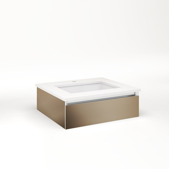 Cartesian 24-1/8" x 7-1/2" x 21-3/4" slim drawer vanity in satin bronze with slow-close full drawer and night light in 5000K temperature (cool light)