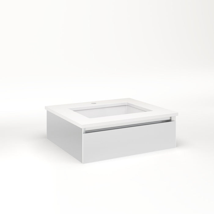 Cartesian 24-1/8" x 7-1/2" x 21-3/4" slim drawer vanity in satin white with slow-close full drawer and night light in 5000K temperature (cool light)