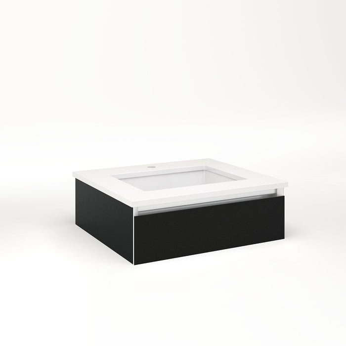 Cartesian 24-1/8" x 7-1/2" x 21-3/4" slim drawer vanity in matte black with slow-close plumbing drawer and night light in 5000K temperature (cool light)