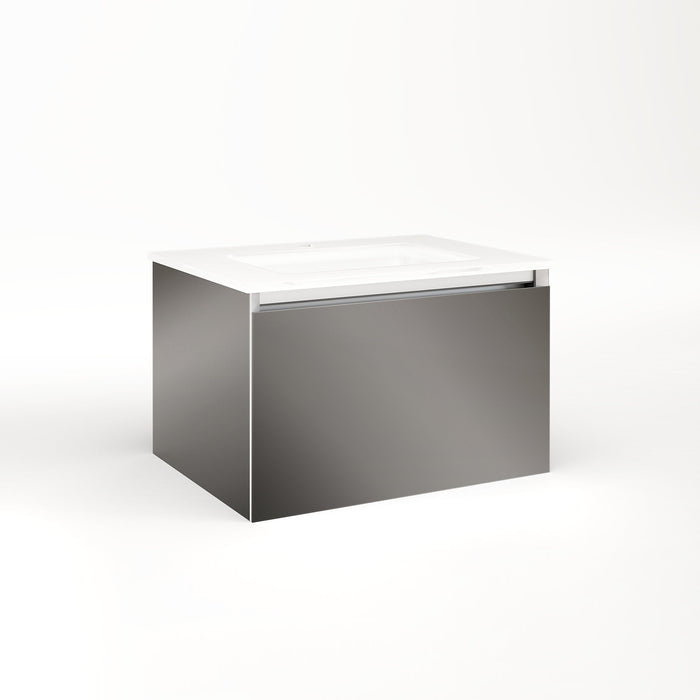 Cartesian 24-1/8" x 15" x 18-3/4" slim drawer vanity in tinted gray mirror with slow-close full drawer and selectable night light in 2700K/4000K temperature (warm/cool light)