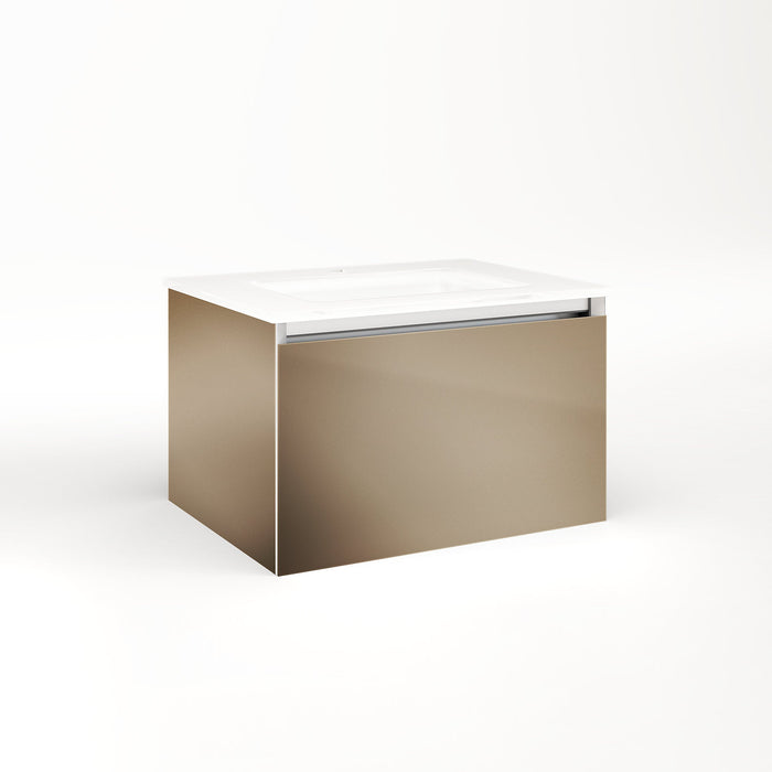 Cartesian 24-1/8" x 15" x 18-3/4" single drawer vanity in satin bronze with slow-close full drawer and no night light