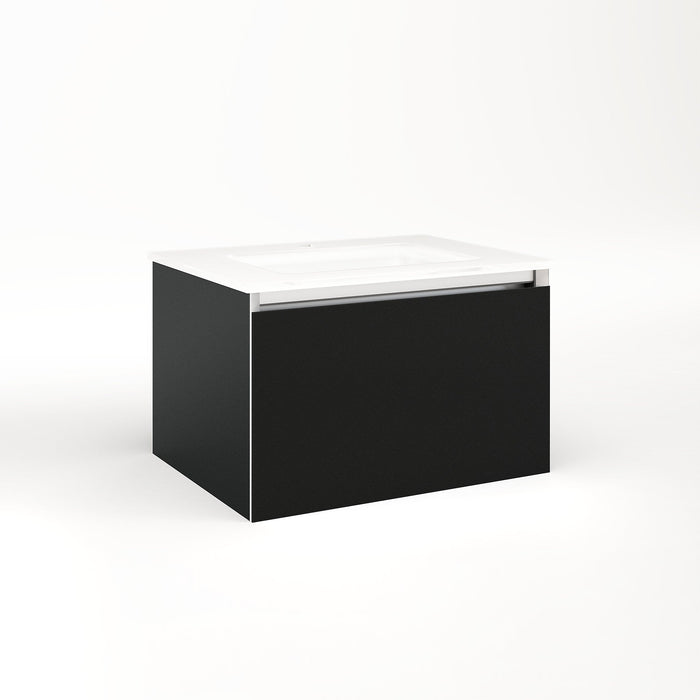 Cartesian 24-1/8" x 15" x 18-3/4" slim drawer vanity in matte black with slow-close plumbing drawer and selectable night light in 2700K/4000K temperature (warm/cool light)