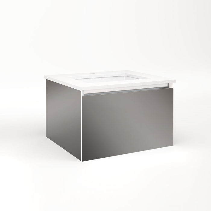 Cartesian 24-1/8" x 15" x 21-3/4" slim drawer vanity in tinted gray mirror with slow-close plumbing drawer and selectable night light in 2700K/4000K temperature (warm/cool light)