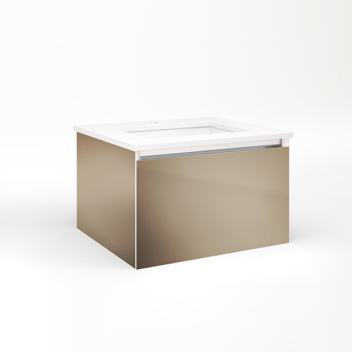 Cartesian 24-1/8" x 15" x 21-3/4" single drawer vanity in satin bronze with slow-close plumbing drawer and night light in 5000K temperature (cool light)