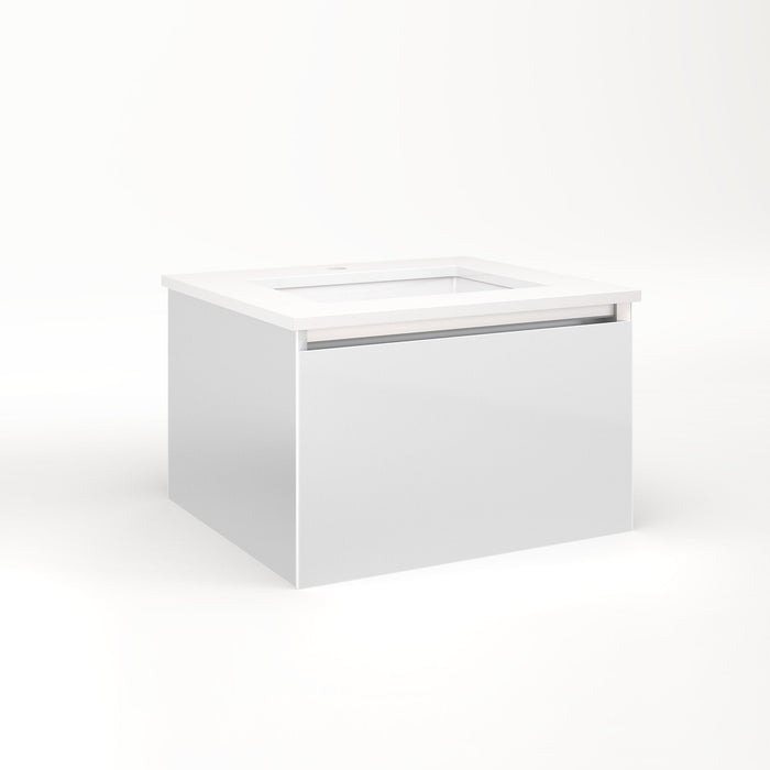 Cartesian 24-1/8" x 15" x 21-3/4" single drawer vanity in satin white with slow-close plumbing drawer and no night light