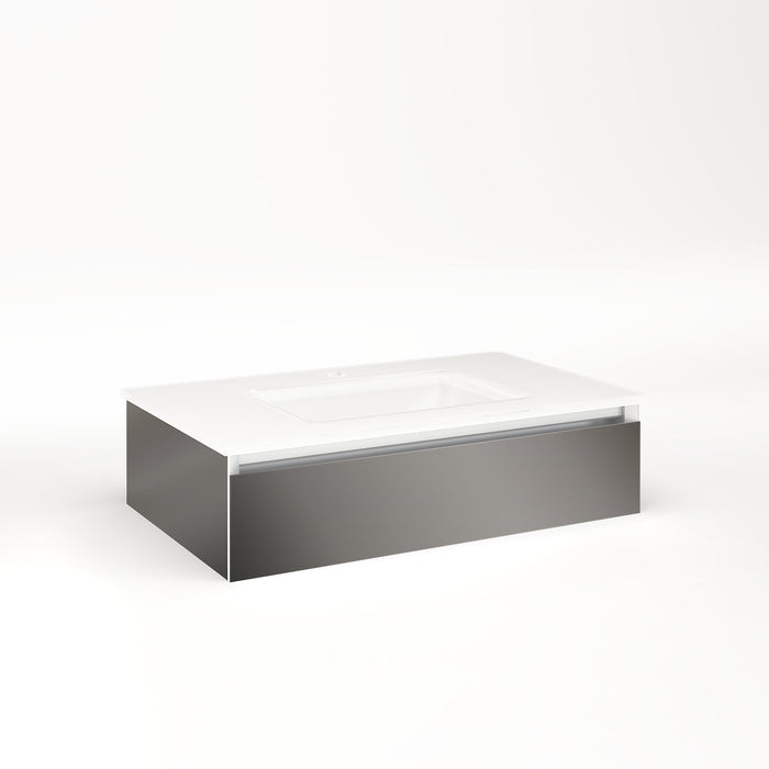 Cartesian 30-1/8" x 7-1/2" x 18-3/4" slim drawer vanity in tinted gray mirror with slow-close plumbing drawer and selectable night light in 2700K/4000K temperature (warm/cool light)