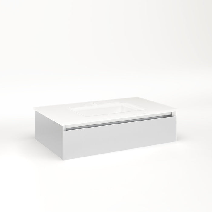 Cartesian 30-1/8" x 7-1/2" x 18-3/4" slim drawer vanity in satin white with slow-close plumbing drawer and no night light