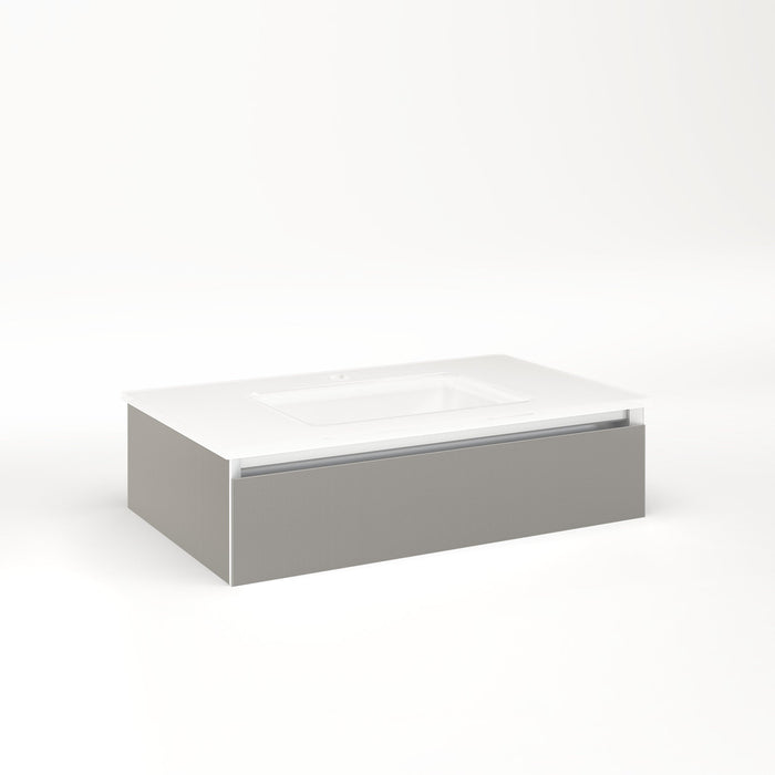 Cartesian 30-1/8" x 7-1/2" x 18-3/4" slim drawer vanity in silver screen with slow-close plumbing drawer and selectable night light in 2700K/4000K temperature (warm/cool light)