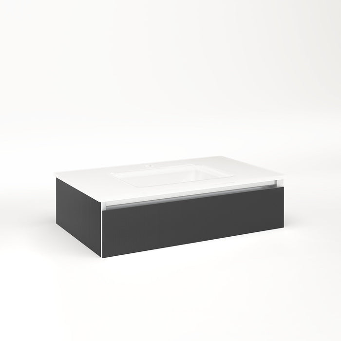 Cartesian 30-1/8" x 7-1/2" x 18-3/4" slim drawer vanity in smoke screen with slow-close tip out drawer and selectable night light in 2700K/4000K temperature (warm/cool light)