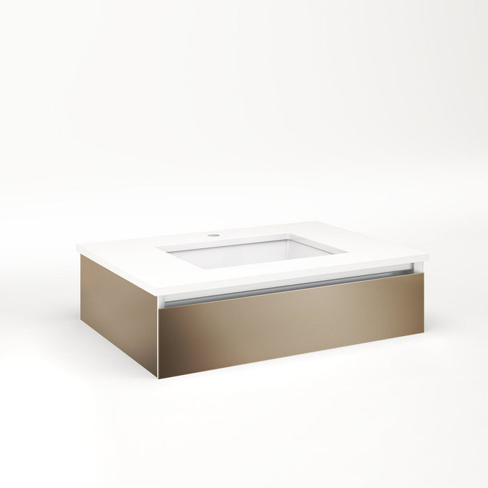 Cartesian 30-1/8" x 7-1/2" x 21-3/4" slim drawer vanity in satin bronze with slow-close full drawer and night light in 5000K temperature (cool light)