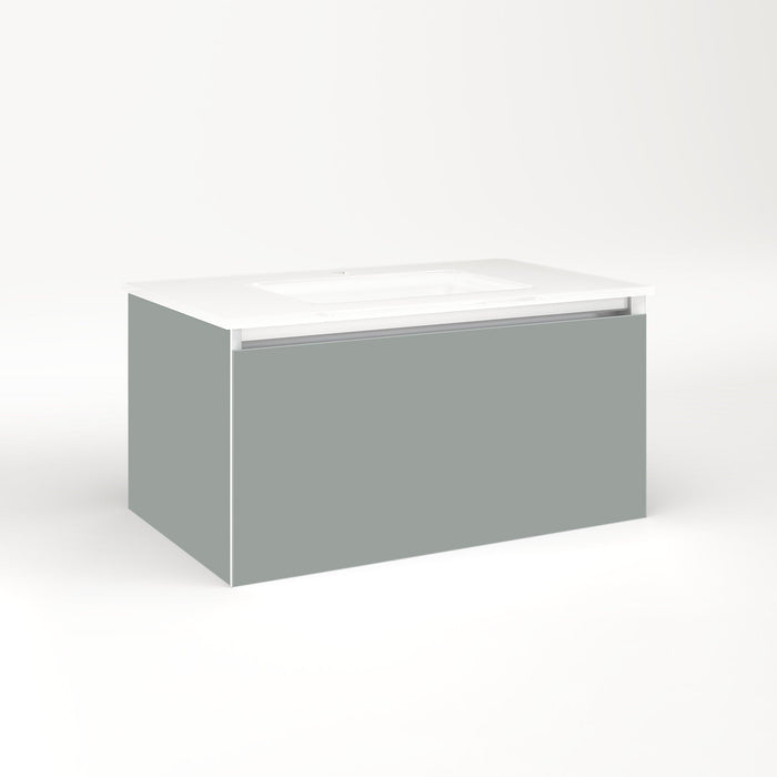 Cartesian 30-1/8" x 15" x 18-3/4" slim drawer vanity in matte gray with slow-close full drawer and selectable night light in 2700K/4000K temperature (warm/cool light)