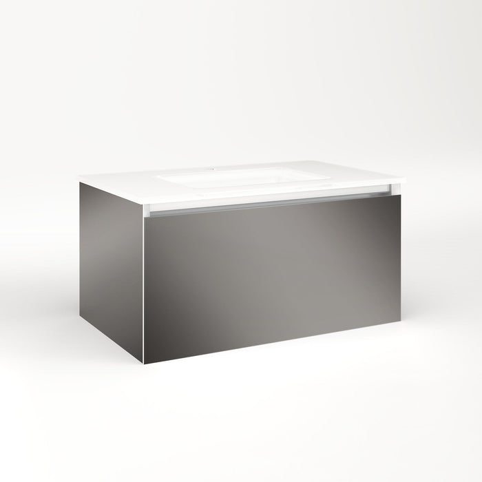 Cartesian 30-1/8" x 15" x 18-3/4" slim drawer vanity in tinted gray mirror with slow-close plumbing drawer and selectable night light in 2700K/4000K temperature (warm/cool light)