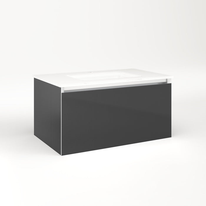 Cartesian 30-1/8" x 15" x 18-3/4" slim drawer vanity in smoke screen with slow-close plumbing drawer and selectable night light in 2700K/4000K temperature (warm/cool light)