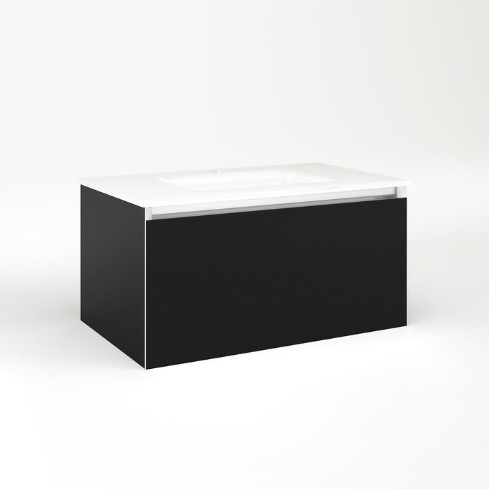 Cartesian 30-1/8" x 15" x 18-3/4" slim drawer vanity in matte black with slow-close plumbing drawer and selectable night light in 2700K/4000K temperature (warm/cool light)