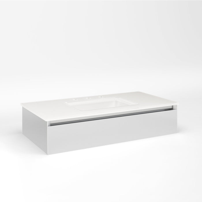 Cartesian 36-1/8" x 7-1/2" x 18-3/4" slim drawer vanity in satin white with slow-close full drawer and selectable night light in 2700K/4000K temperature (warm/cool light)
