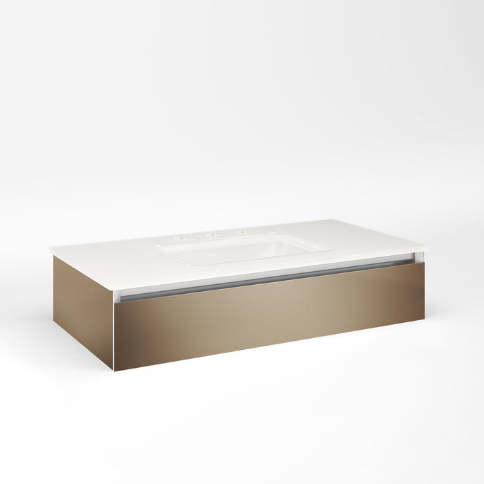 Cartesian 36-1/8" x 7-1/2" x 18-3/4" slim drawer vanity in satin bronze with slow-close plumbing drawer and selectable night light in 2700K/4000K temperature (warm/cool light)