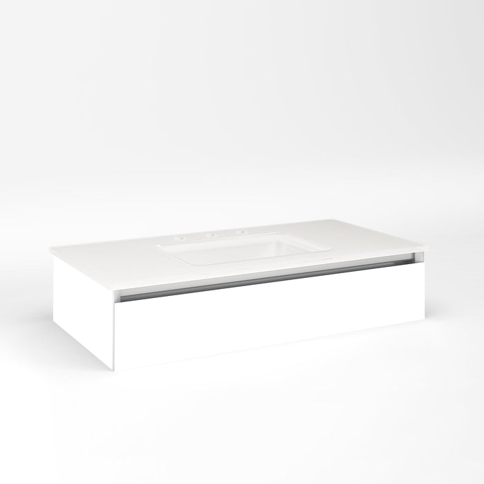 Cartesian 36-1/8" x 7-1/2" x 18-3/4" slim drawer vanity in matte white with slow-close tip out drawer and selectable night light in 2700K/4000K temperature (warm/cool light)