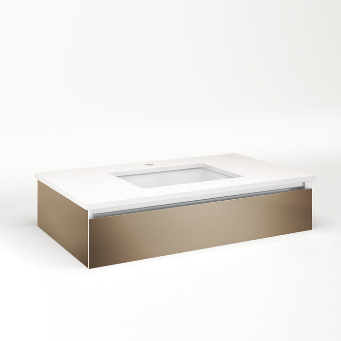 Cartesian 36-1/8" x 7-1/2" x 21-3/4" slim drawer vanity in satin bronze with slow-close full drawer and night light in 5000K temperature (cool light)