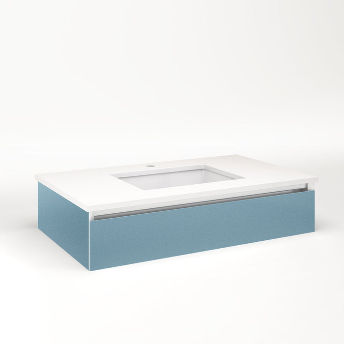 Cartesian 36-1/8" x 7-1/2" x 21-3/4" slim drawer vanity in ocean with slow-close full drawer and selectable night light in 2700K/4000K temperature (warm/cool light)