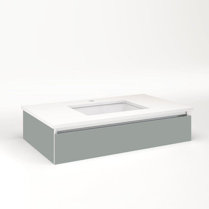 Cartesian 36-1/8" x 7-1/2" x 21-3/4" slim drawer vanity in matte gray with slow-close full drawer and selectable night light in 2700K/4000K temperature (warm/cool light)