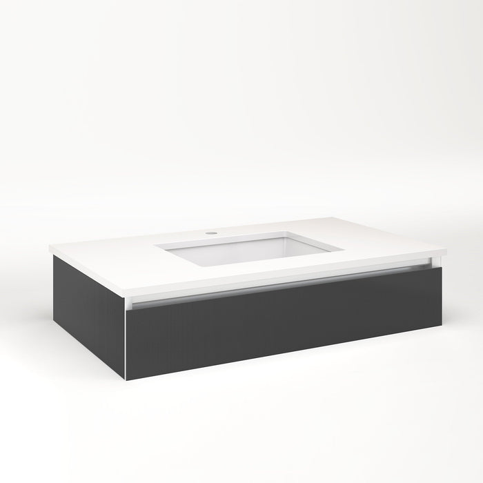 Cartesian 36-1/8" x 7-1/2" x 21-3/4" slim drawer vanity in smoke screen with slow-close plumbing drawer and selectable night light in 2700K/4000K temperature (warm/cool light)