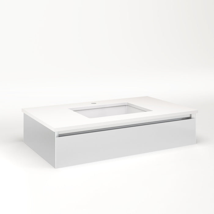 Cartesian 36-1/8" x 7-1/2" x 21-3/4" slim drawer vanity in satin white with slow-close tip out drawer and night light in 5000K temperature (cool light)