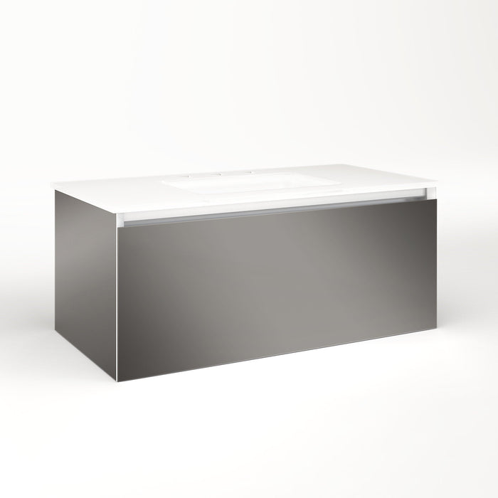 Cartesian 36-1/8" x 15" x 18-3/4" slim drawer vanity in tinted gray mirror with slow-close plumbing drawer and selectable night light in 2700K/4000K temperature (warm/cool light)