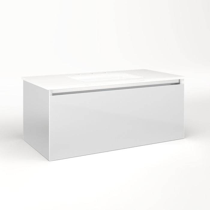 Cartesian 36-1/8" x 15" x 18-3/4" single drawer vanity in satin white with slow-close plumbing drawer and night light in 5000K temperature (cool light)