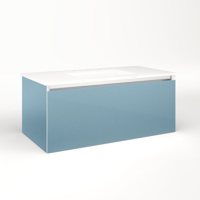 Cartesian 36-1/8" x 15" x 18-3/4" slim drawer vanity in ocean with slow-close plumbing drawer and selectable night light in 2700K/4000K temperature (warm/cool light)