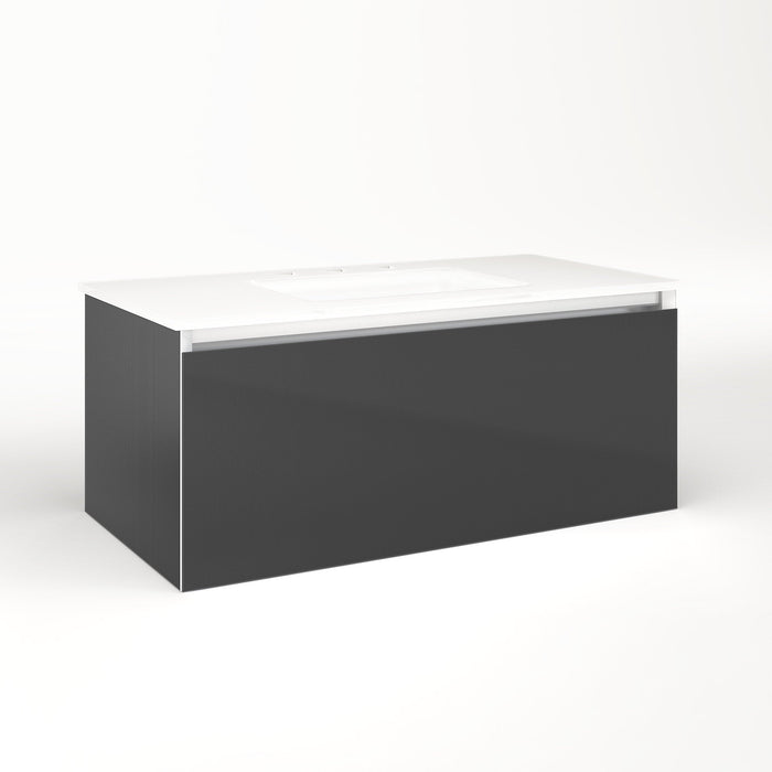 Cartesian 36-1/8" x 15" x 18-3/4" slim drawer vanity in smoke screen with slow-close plumbing drawer and selectable night light in 2700K/4000K temperature (warm/cool light)