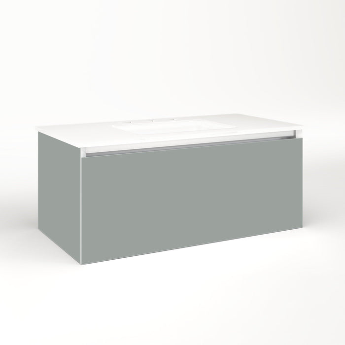 Cartesian 36-1/8" x 15" x 18-3/4" slim drawer vanity in matte gray with slow-close plumbing drawer and selectable night light in 2700K/4000K temperature (warm/cool light)