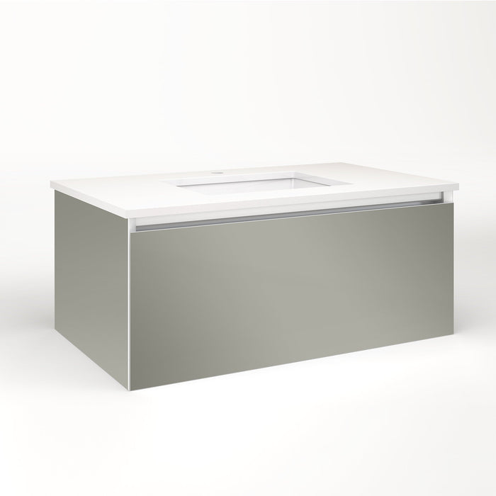 Cartesian 36-1/8" x 15" x 21-3/4" single drawer vanity in mirror with slow-close plumbing drawer and no night light