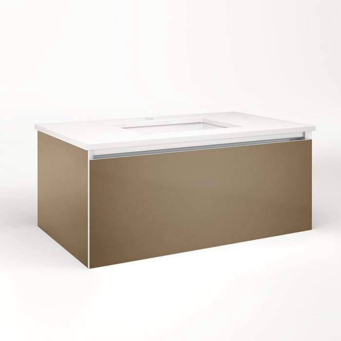 Cartesian 36-1/8" x 15" x 21-3/4" single drawer vanity in satin bronze with slow-close plumbing drawer and no night light