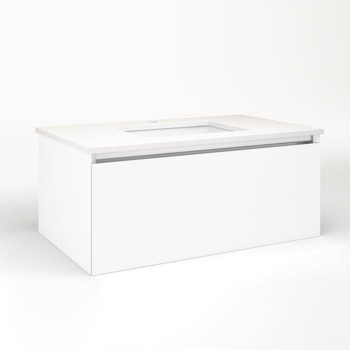 Cartesian 36-1/8" x 15" x 21-3/4" slim drawer vanity in matte white with slow-close plumbing drawer and selectable night light in 2700K/4000K temperature (warm/cool light)