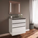 Curated Cartesian 24" x 7-1/2" x 21" and 24" x 15" x 21" three drawer vanity in white glass with tip out drawer, slow-close plumbing drawer, full drawer and Engineered Stone 25" vanity top in stone gray (Silestone expo grey)