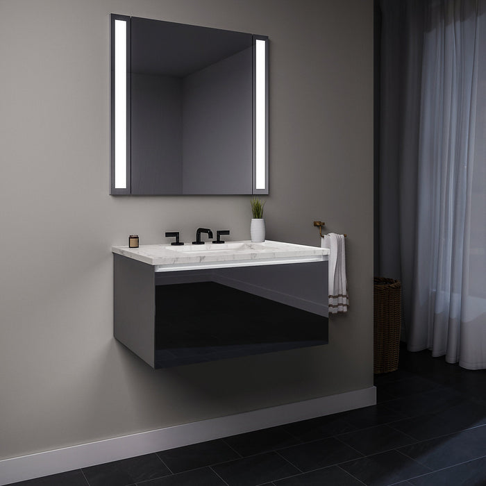 Curated Cartesian 30" x 15" x 21" single drawer vanity in tinted gray mirror glass with slow-close plumbing drawer, night light and Engineered Stone 31" vanity top in Silestone lyra