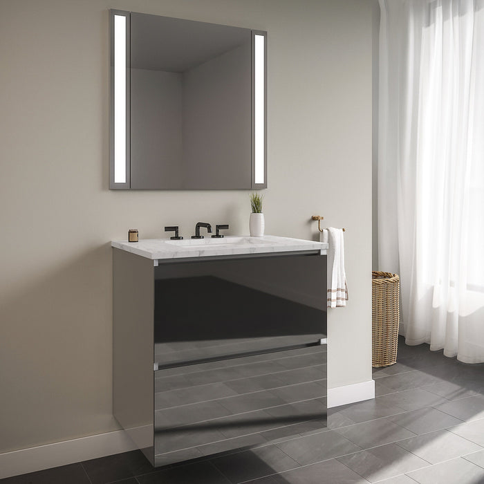 Curated Cartesian 36" x 15" x 21" two drawer vanity in tinted gray mirror glass with slow-close plumbing drawer, full drawer and Engineered Stone 37" vanity top in Silestone lyra